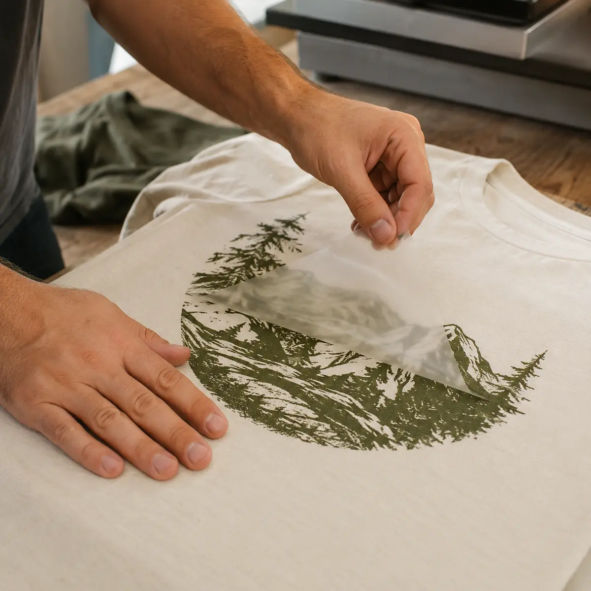 Transferfolie wird von einem frisch bedruckten T-Shirt abgezogen