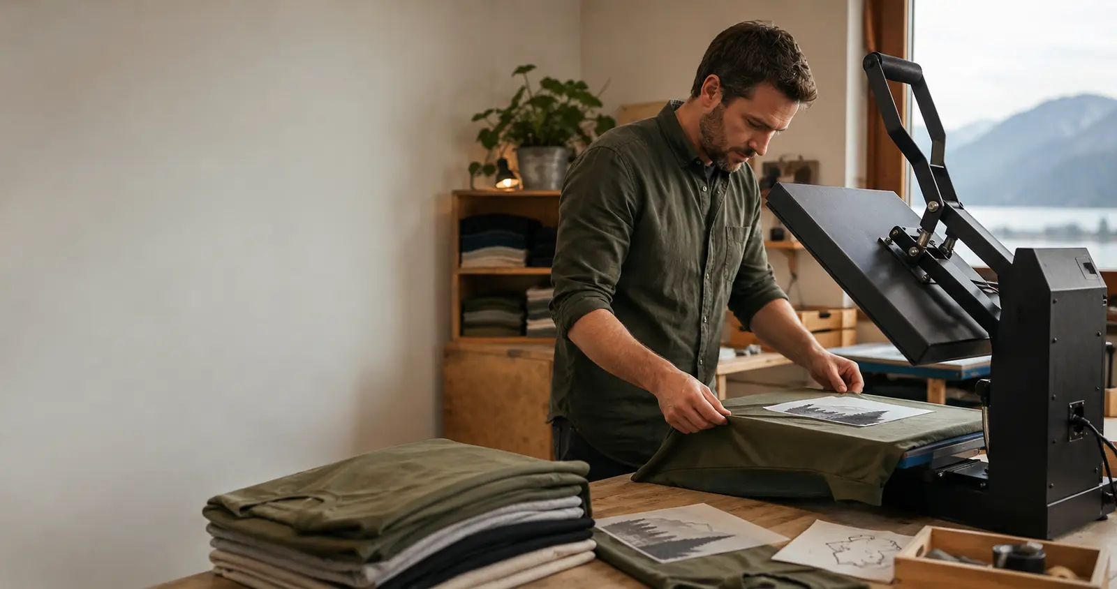 Mann bedruckt ein T-Shirt in einer Werkstatt