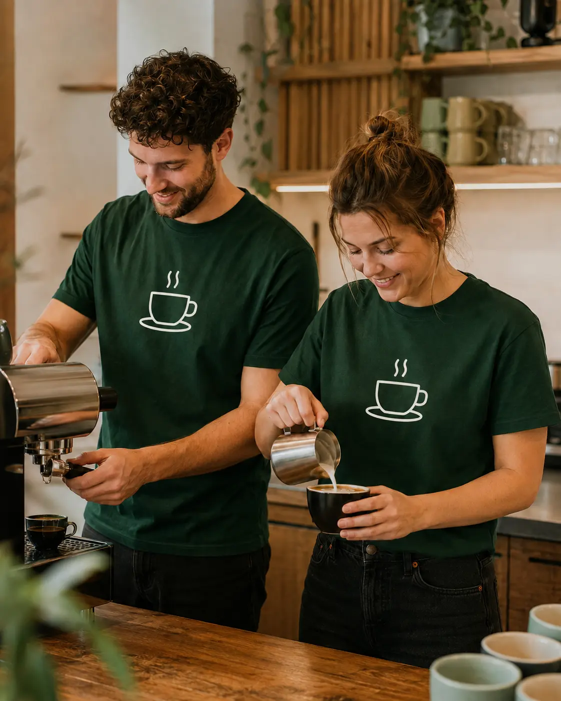 Zwei Baristas bereiten Kaffee in identischen Shirts mit Kaffeetassen-Logo zu