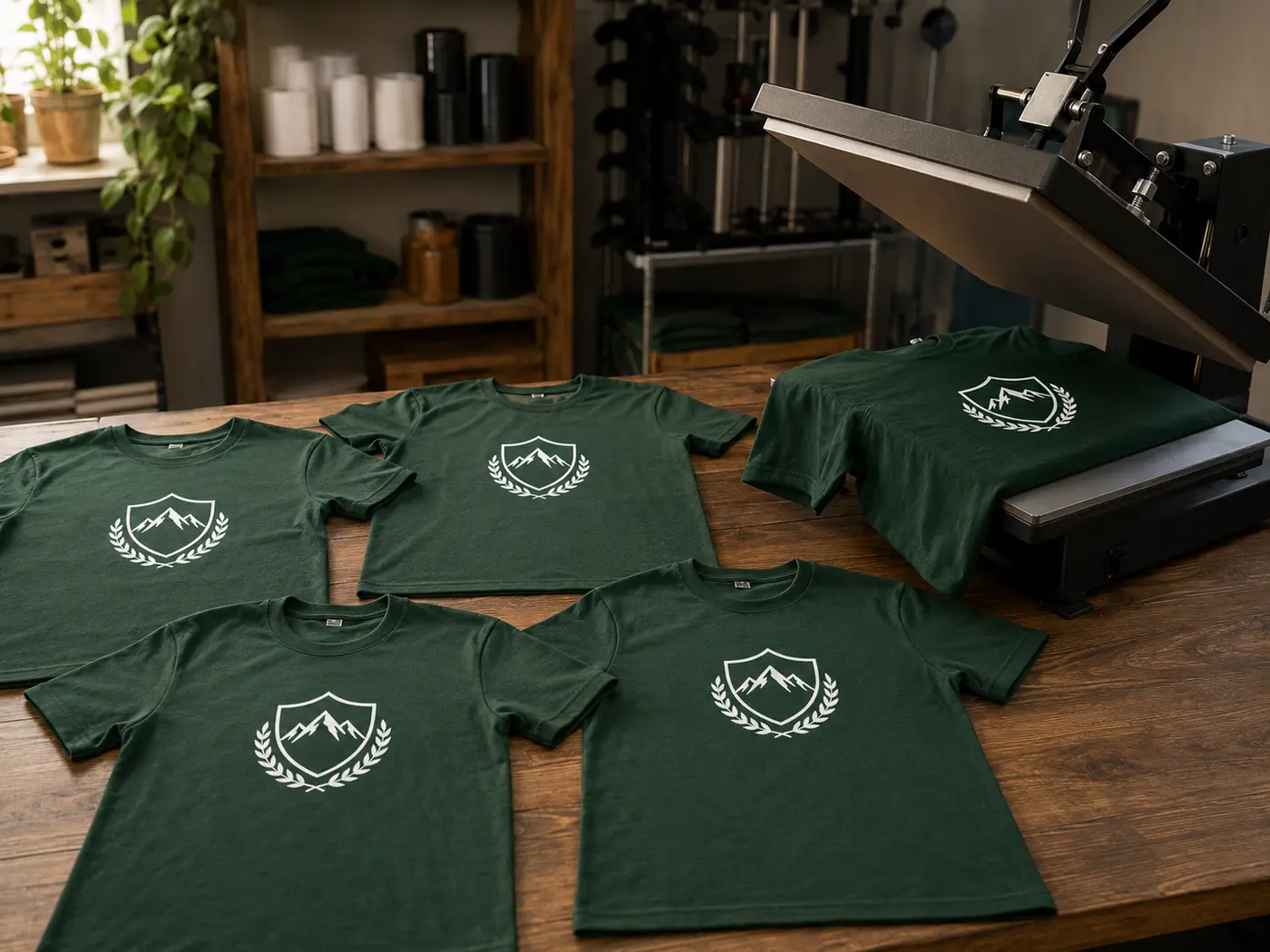 Einheitliche Vereins-Shirts mit gleichem Wappen neben einer Bügelpresse